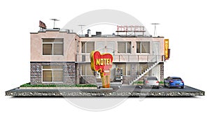 Front view on a roadside motel building on a piece of ground