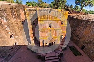 Front view of Rock-Hewn Church Bete Giyorgis in Lalibela, Ethiopia