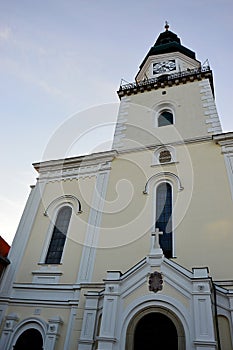 Front view of roman catholic church of Saint Stefan The King in Modra, Slovakia, built in eclectic historicist style.