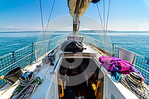 Front view of sailing boat on the sea.