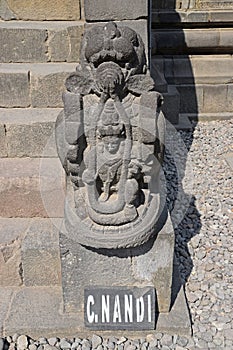Front view of Sculpture at the Entrance stairs of Nandi Temple at Prambanan Temple Compounds