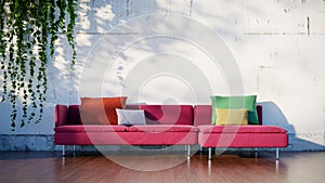 Front view of a 3-seater red sofa with a worn white wall behind it.3d photo