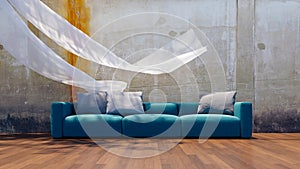 Front view of a 3-seater sofa with a concrete wall behind it.3d photo