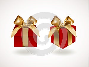 Front view of set of two closed Red gift boxes bandaged with golden elegant bows with knots. Objects or icons isolated on white