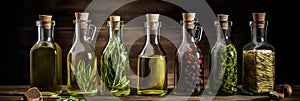 Front View Of Seven Filled Olive Oil Bottles On A Wooden Table - Generative AI