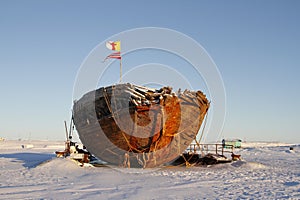 Front view of the shipwreck remains of the Maud, Cambridge Bay Nunavut