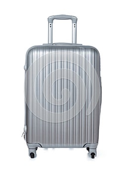 Front view of silver travel suitcase