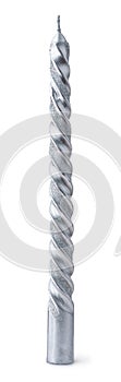 Front view of silver twisted taper candle