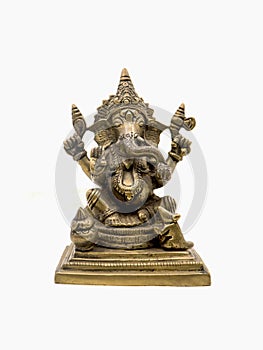 front view of sitting ganesh with four hands, brass statue