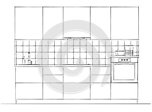 Front view of small kitchen facade black and white