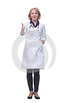 Front view of smiling medical doctor woman with stethoscope