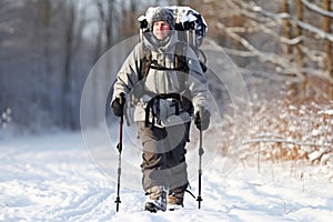 Front view of snowy path in winter forest, lonely woman with backpack and ski poles