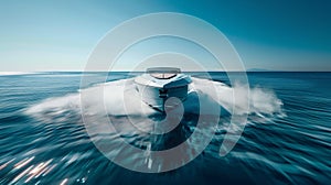 Front view of a speedboat cutting through blue sea water, creating spray