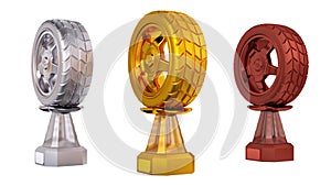Front View of Sport Car Wheel Gold Silver and Bronze Trophies in Infinite Rotation