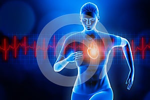 Front view of a sportswoman running with glowing heart and red heartbeat ekg curve. Blue hologram futuristic 3d rendering
