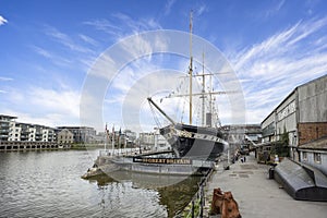 Front on view of the SS Great Britain on display at Bristol Harbour, UK