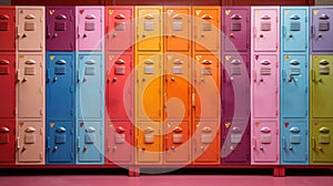 Front view of a stack of colorful metal school lockers