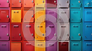 Front view of a stack of colorful metal school lockers