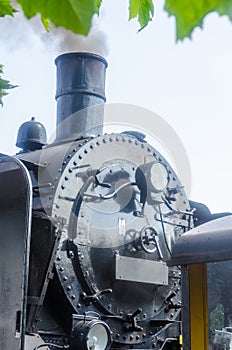 Front view of a steam locomotive