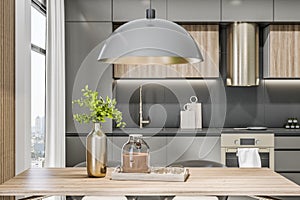 Front view on stylish eco interior kitchen room with glossy grey kitchen set, modern lamp above wooden table, round kitchen hood