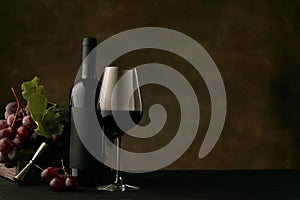 Front view of tasty fruit plate with the wine bottle on dark studio background