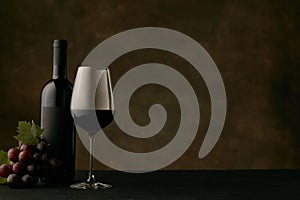 Front view of tasty fruit plate with the wine bottle on dark studio background