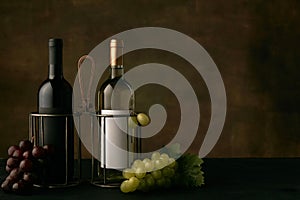 Front view of tasty fruit plate with the wine bottles on dark studio background