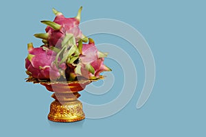 front view thailand three pink and green dragon fruits on golden phan on blue background, fruit, food, fresh, object, health, copy