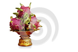 front view thailand three pink and green dragon fruits on golden phan on white background, fruit, food, fresh, object, health,