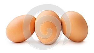 Front view of three fresh brown chicken eggs in stack isolated on white background with clipping path