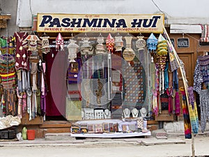 Front view of Tibetan shop clothes and souvenirs in Leh, Ladakh, India