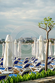 Front view of the touristic beach of Side town, Manavgat district of Antalya