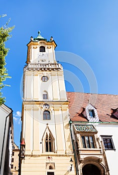 Front view of tower Old Town Hall in Bratislava