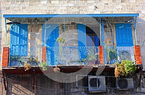 Front view traditional house shutters balcony, Old Jaffa, Tel Aviv