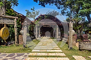 The front view of a traditional Javanese restaurant in the form of a joglo house