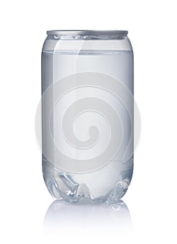 Front view of transparent plastic can with water
