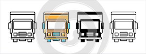Front view truck icon set. Truck face vector icons set. Freight transportation. Logistic shipping trucking