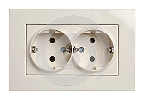 Front view of twin electrical outlet socket in beige, isolated o