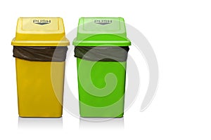 front view two bin, yellow and green bin and lid plastic on isolated background, object, clean, vintage, decor, keep, copy space