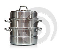 front view two layer stainless steel pot with lid on white background, object, retro, kitchen, fashion, copy space