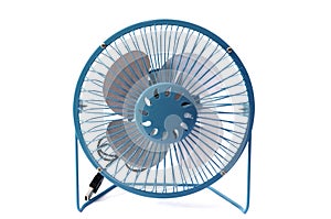 The front view of a universal serial bus powered blue portable table fan