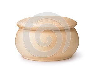 Front view of unpainted round wooden jar with lid photo