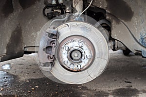 Front view of used brake disc on old vehicle