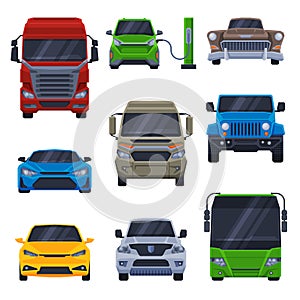 Front View of Various Vehicles Collection, Car, Truck, Bus, SUV, Minibus Flat Vector Illustration photo
