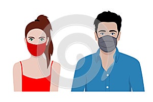 Front view vector set of a man and a woman wearing protective face mask - covid-19 safety measures, restriction, covering face to