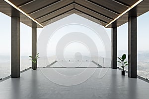 Front view on viewpoint in opened modern empty terrace high above the city with dark columns, wooden roof and green plants in pots