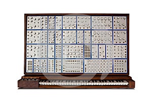 Front view of vintage analog modular synthesizer