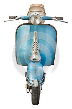 Front view of a vintage Italian blue scooter from the fifties