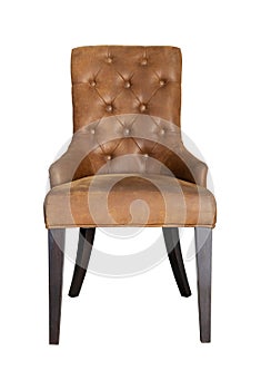 front view of vintage wooden chair with a comfort seat isolated on white background