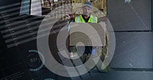 Front view of a warehouse worker loading packages in the back of a delivery van